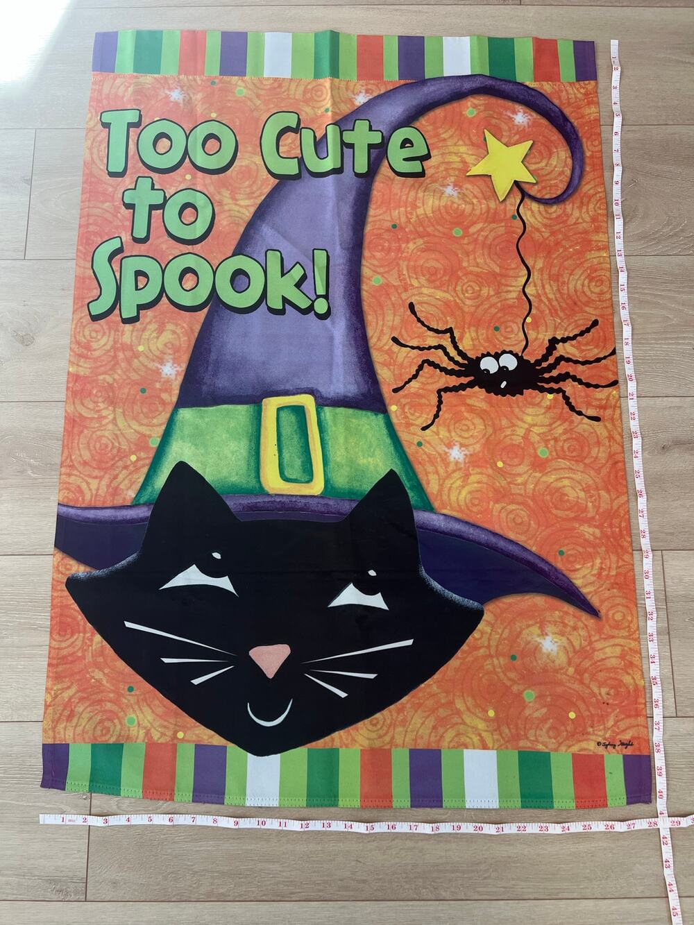 Vintage Outdoor Porch Flag Happy Halloween Black Cat Witch Hat & Spider JL